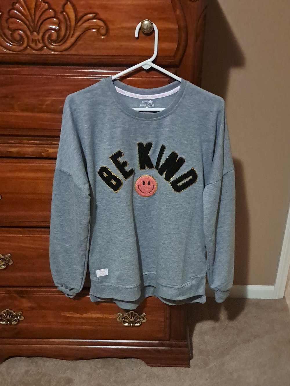 Simply Southern Gray 'Be Kind' Sweatshirt with Pink Smile Patch
